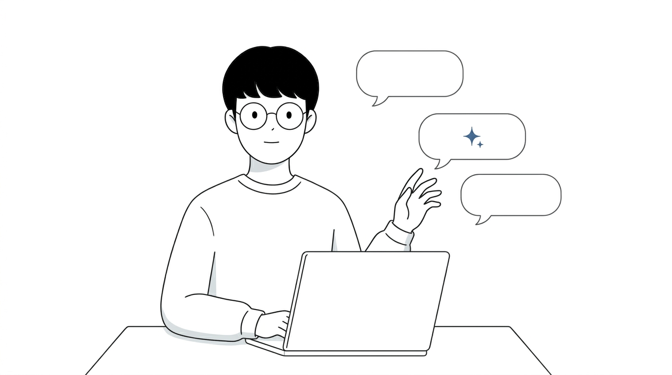 회사 데이터를 아는 업무 AI 비서 — 직원이 말풍선으로 도토AI에게 묻는 일러스트