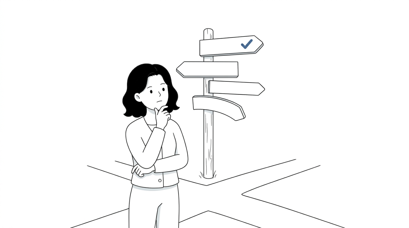 카카오워크 대안 비교 — 여러 협업툴 갈림길에서 방향을 고르는 일러스트
