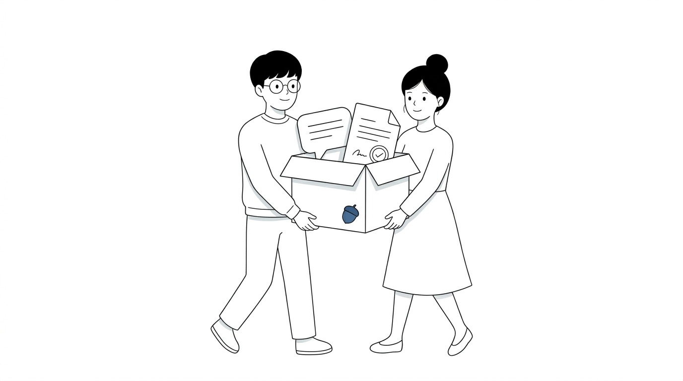 카카오워크 요금제 개편 — 전자결재와 메신저를 담은 상자를 새 도구로 옮기는 갈아타기 일러스트