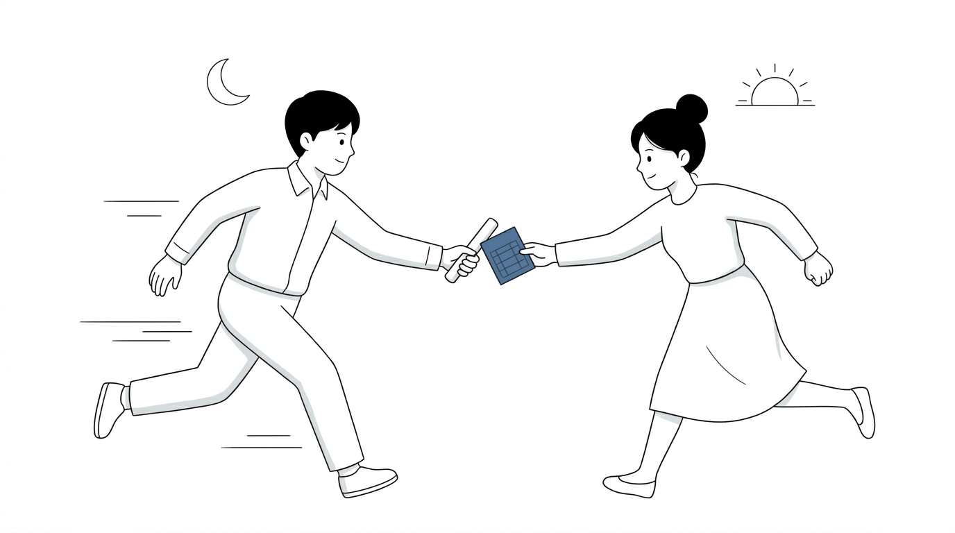 교대근무 근태관리 — 야간조와 주간조가 근무표를 릴레이 바통처럼 넘겨받는 교대 일러스트
