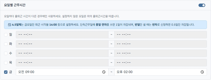 도토 근무정책 요일별 근무시간 설정 — 금요일만 오전 09:00부터 오후 14:00까지, 4.5일제 안내