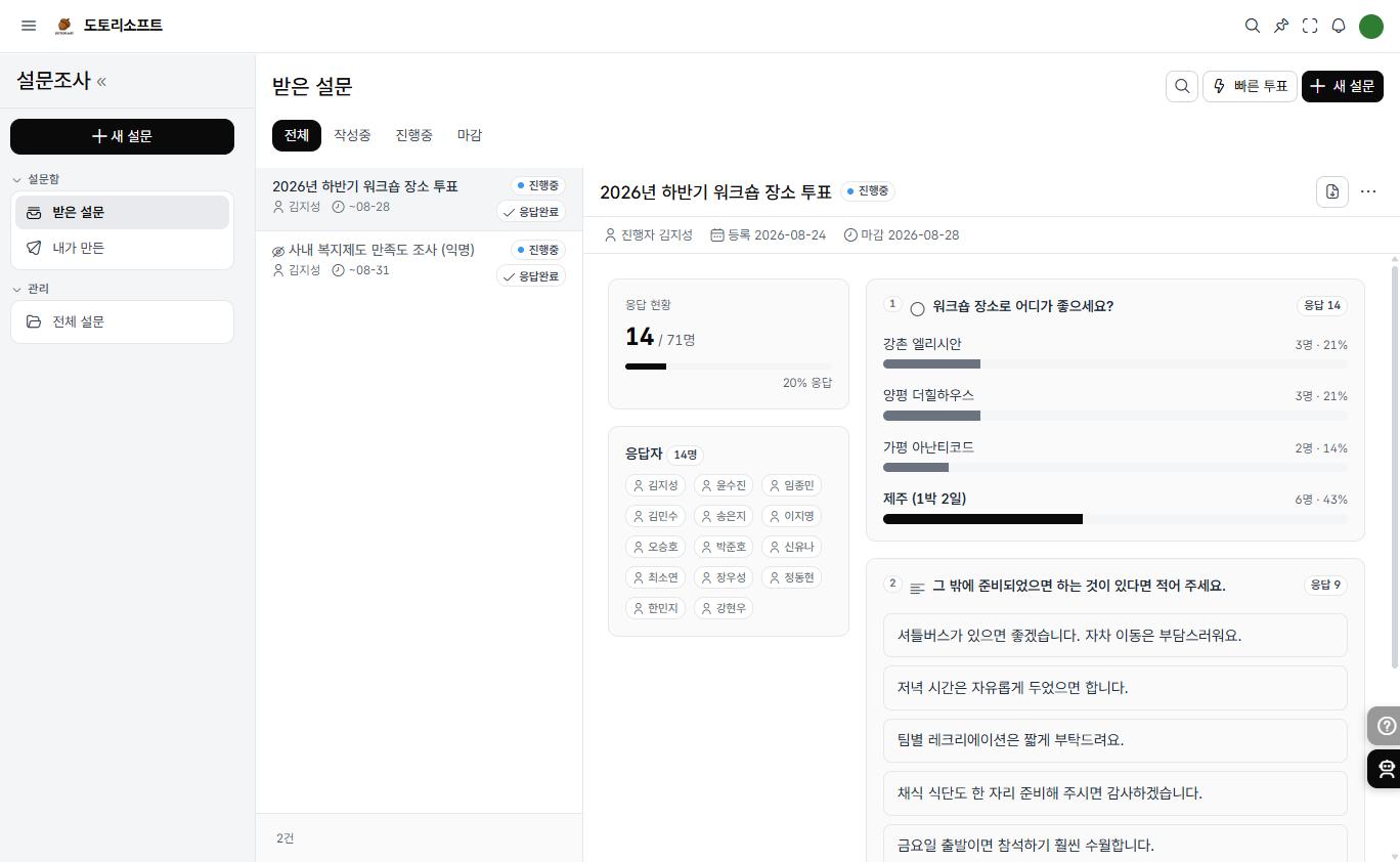 도토 설문조사 화면 — 진행 중인 설문 목록과 응답률·객관식 그래프 집계